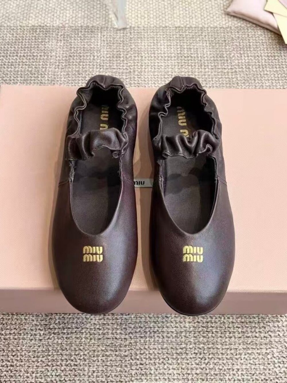 Miu Miu Dark Brown Leather Ruched Strap Ballet Flats